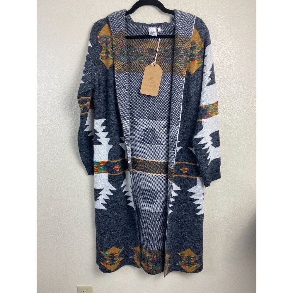 Original Aztec Open Front Hooded Long Cardigan Sweater size Medium Tribal.